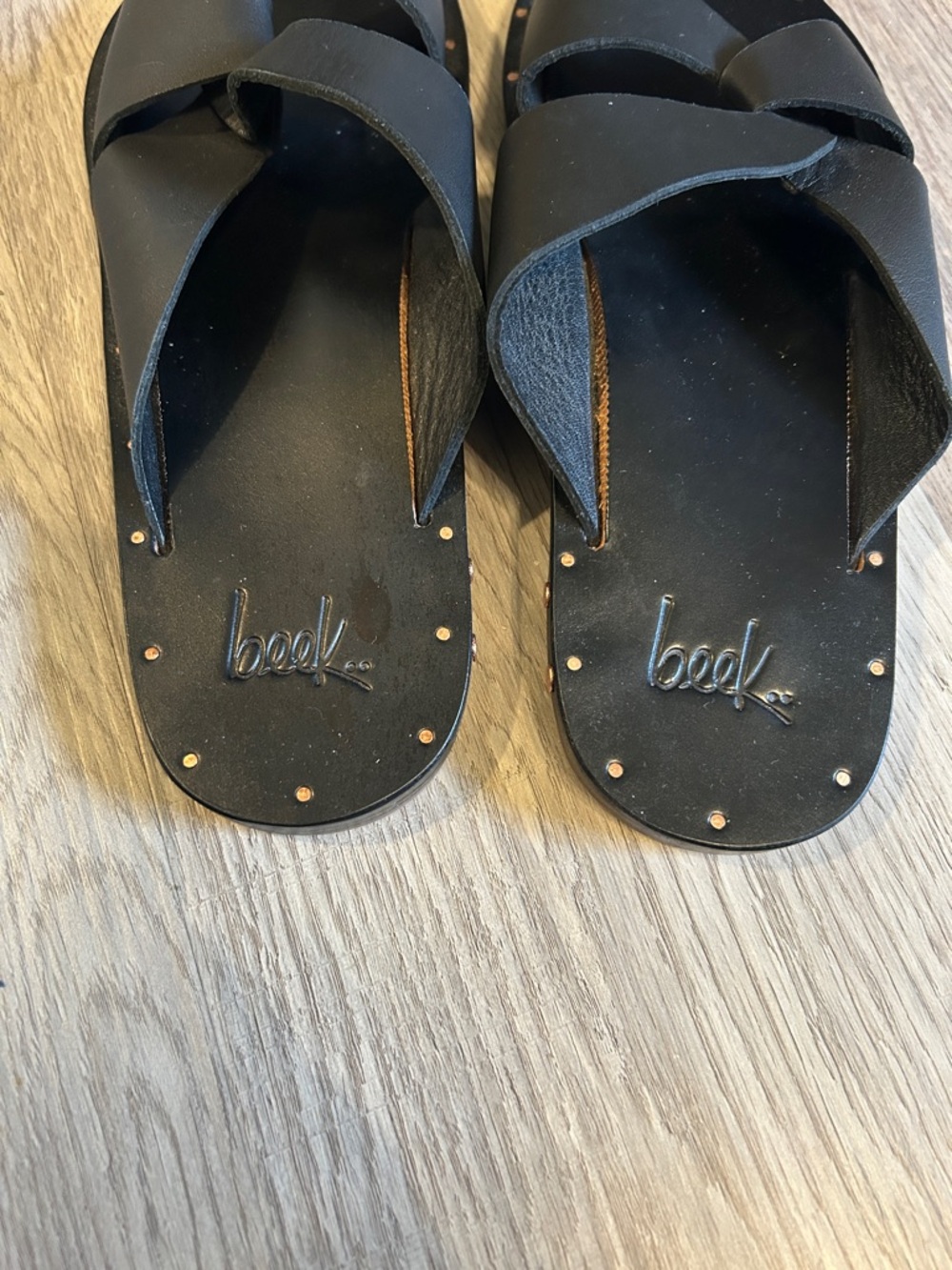 beek.. Pigeon.  Black Leather Crisscross Stud Slide Sandals - Women - Picture 3 of 8